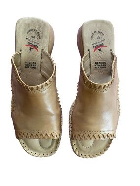PIKOLINOS Handmade Leather Open Toe Wedge Mules Tan Boho Stitch EU 40